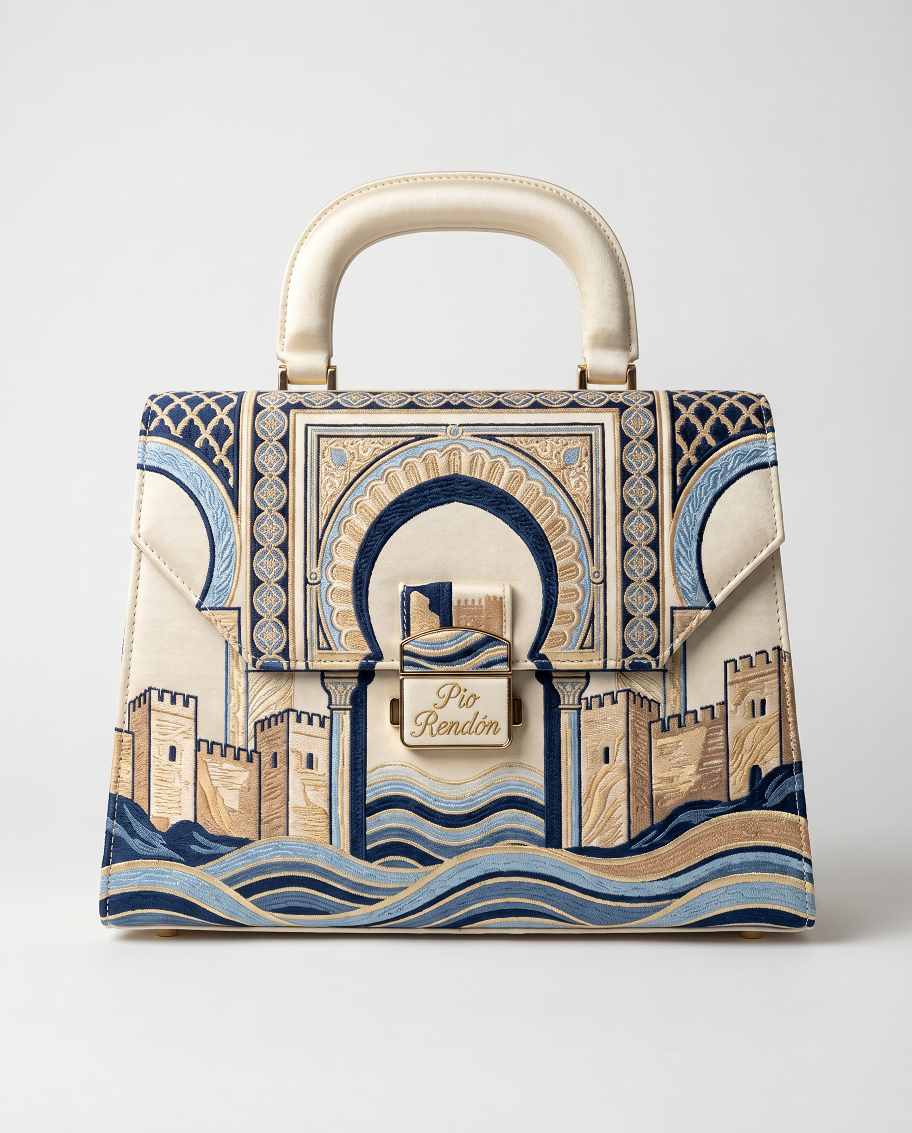 Detalle frontal del bolso Alcazaba de Málaga de Pio Rendón sobre fondo limpio.