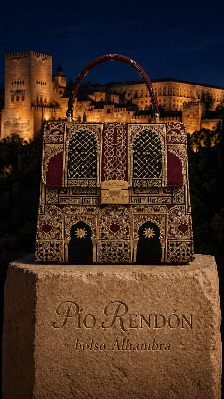 Bolso Alhambra de Pio Rendón en burdeos, negro y dorado con inspiración palaciega.