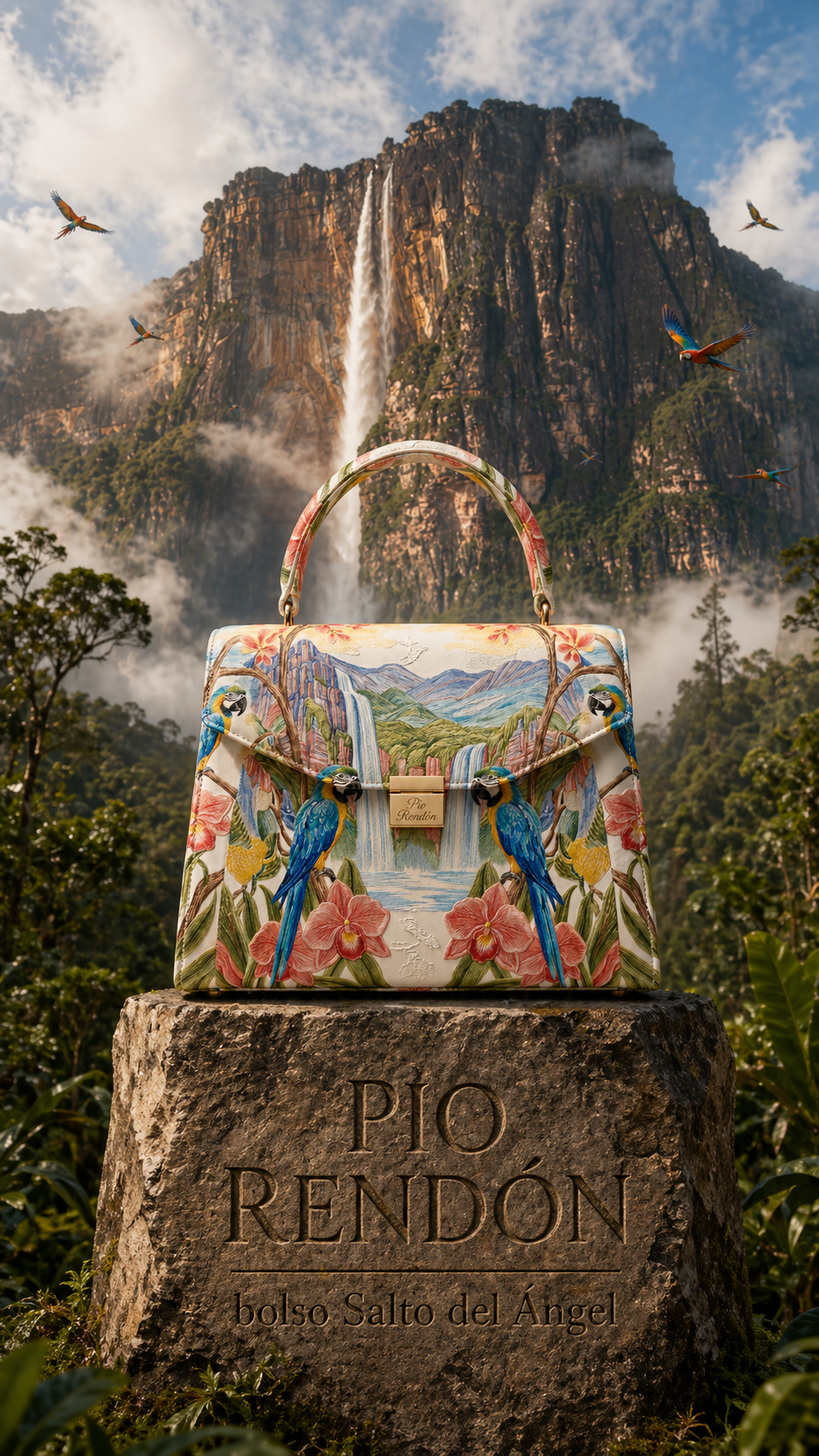 Bolso Venezuela Salto del Ángel de Pio Rendón con inspiración natural, cascada y guacamayos.